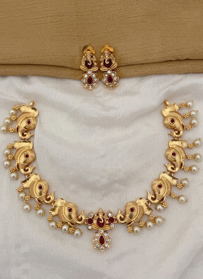 Designer Gold Plated Necklace Set in Ruby