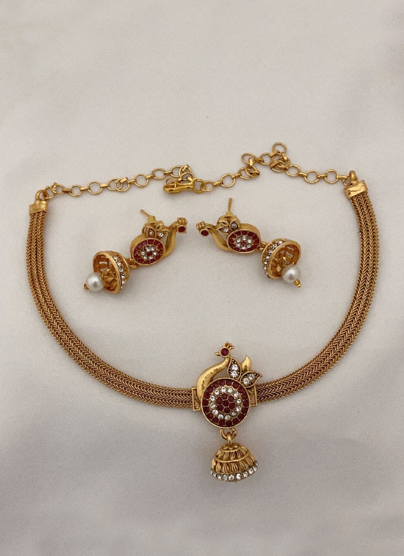 Stunning Chain type peacock Design Necklace set in Ruby