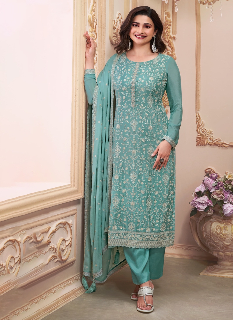 Chinon Embroidered Trendy Kurta Pant Set in Sky Blue