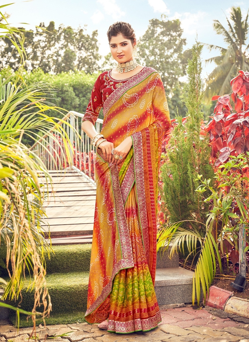 Women's traditional chiffon saree in Yellow