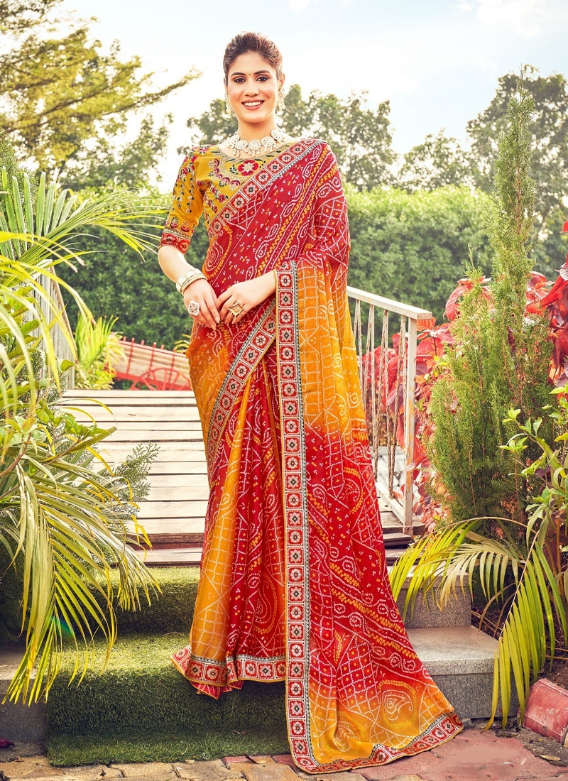 Women's traditional chiffon saree in Red