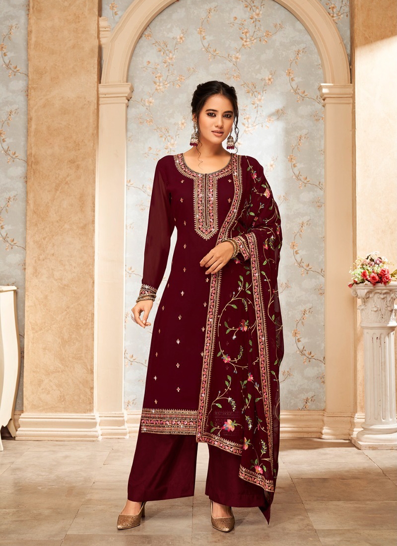 Traditional and trendy plazzo suit set in Maroon