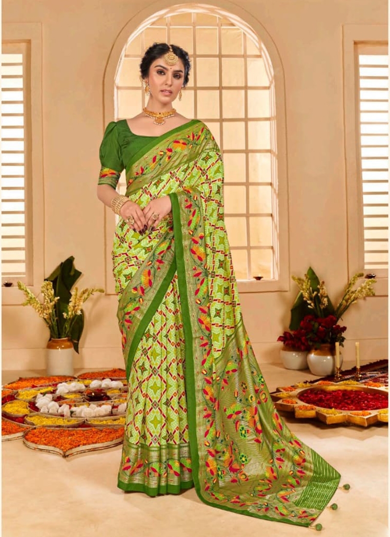 Indian classical silk saree with foil print in Green