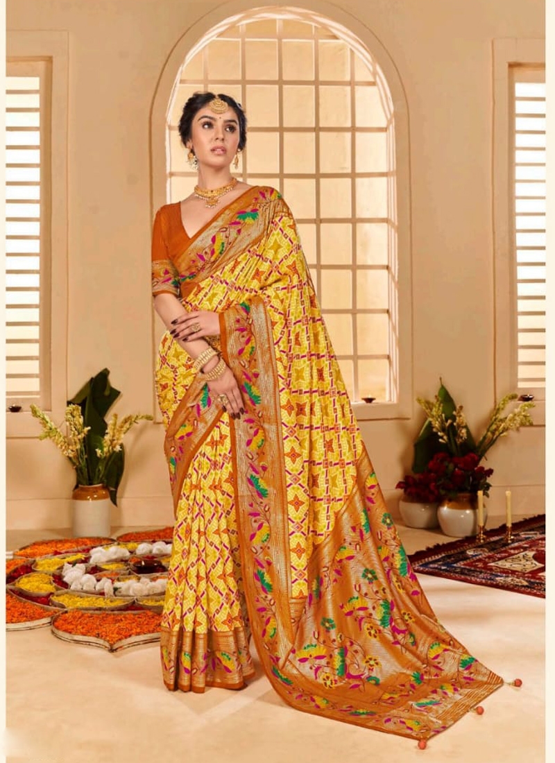 Indian classical silk saree with foil Print in Yellow