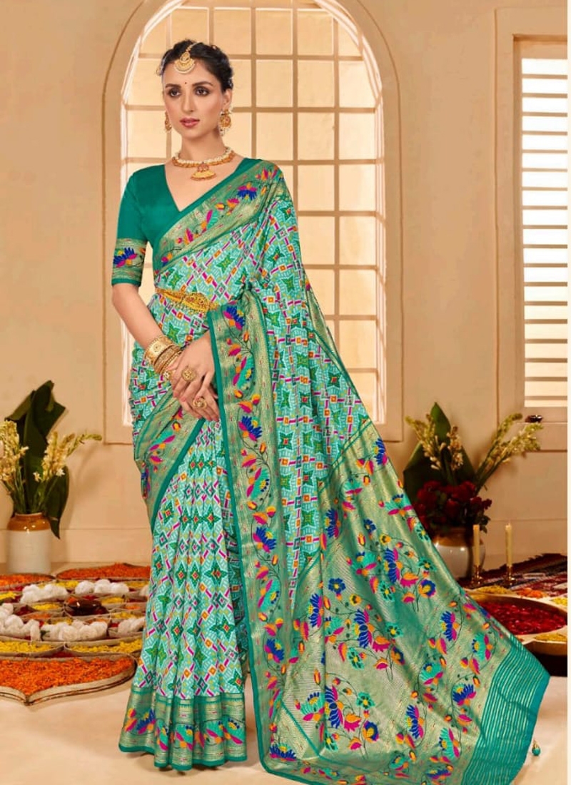 Indian classical silk saree with foil print in Dark Green