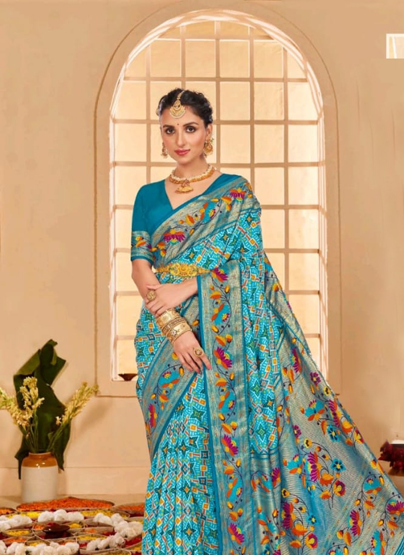 Indian classical silk saree with foil print Light Blue