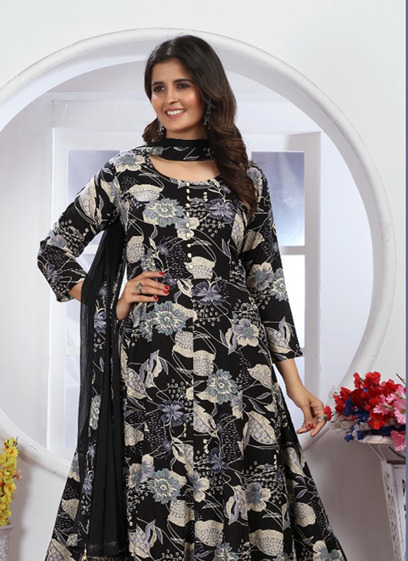 Stylish floral printed Anarkali suit set in Black