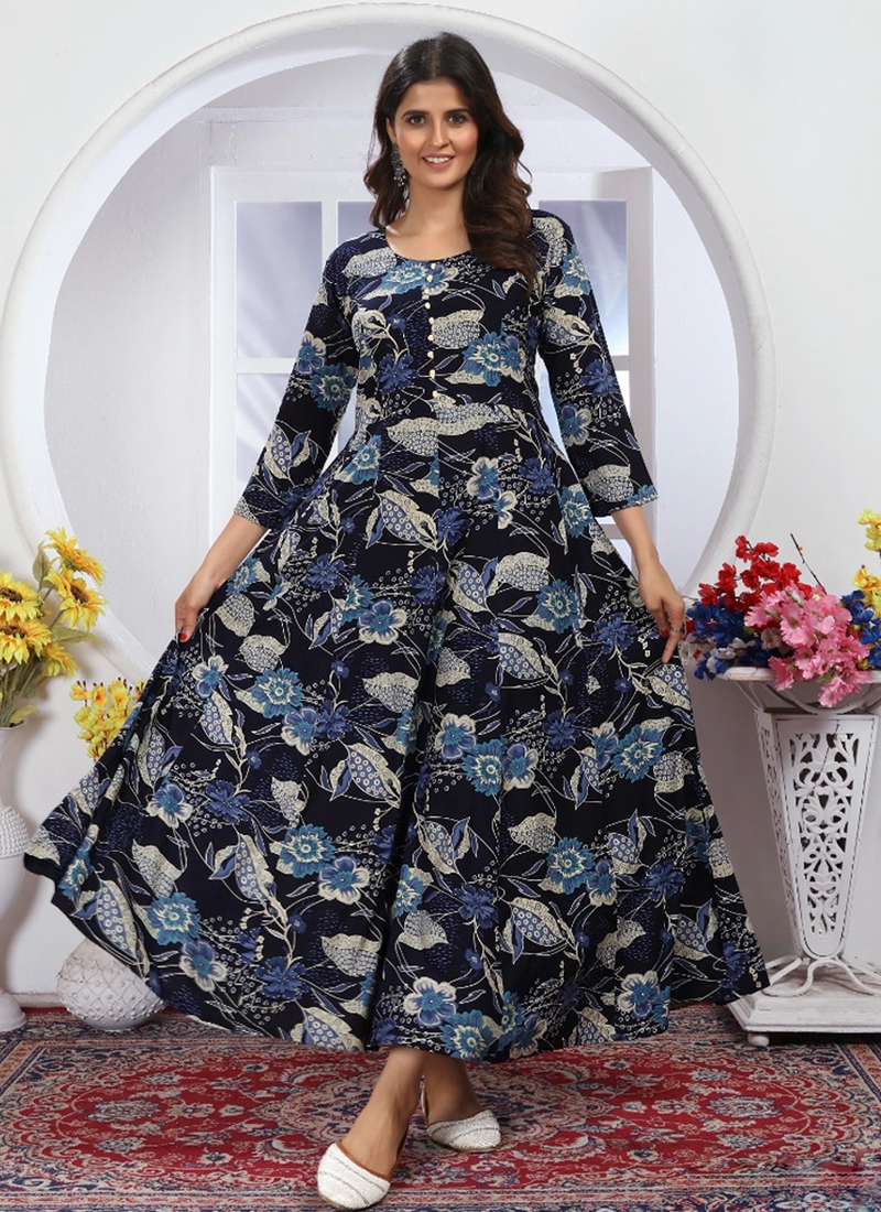 Stylish floral printed Anarkali suit set in Dark Blue