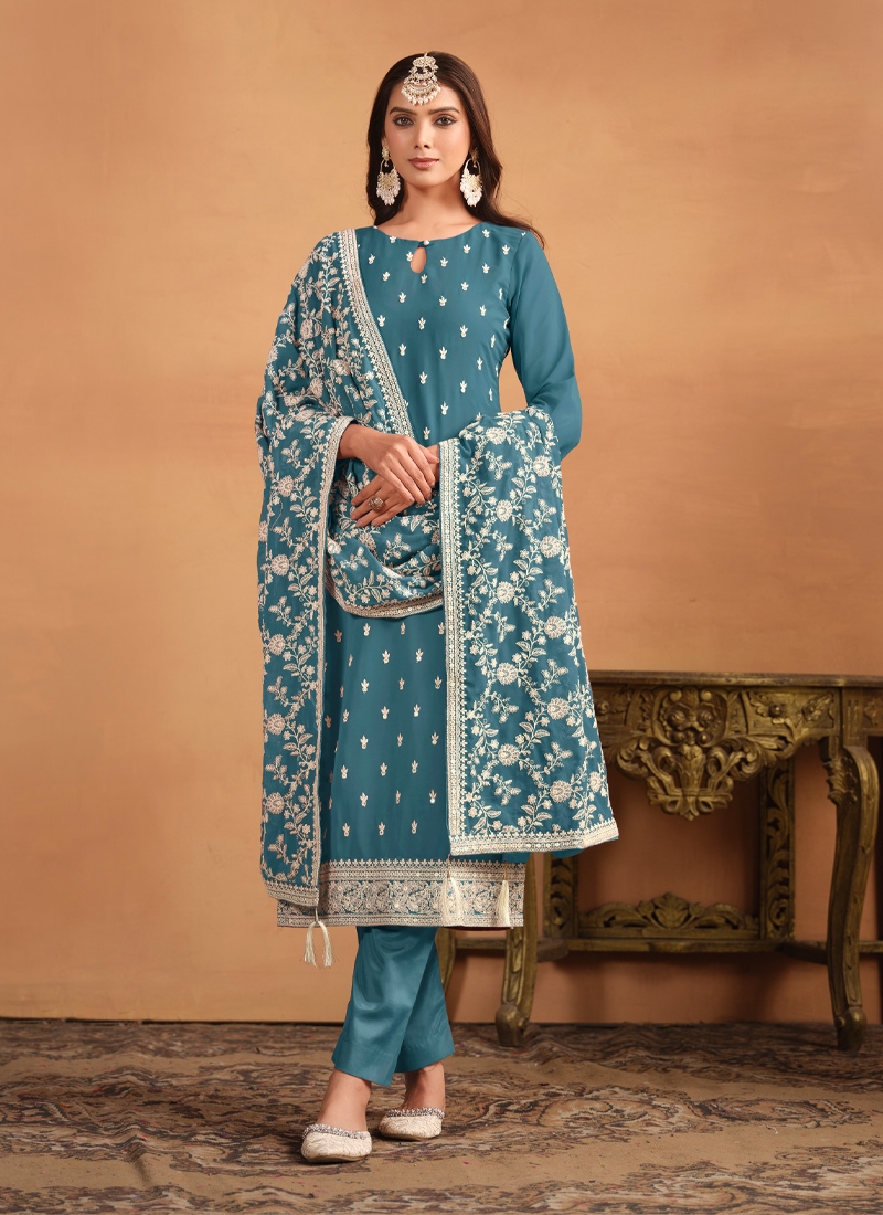 Heavy embroidered and designer kurta pant set in sky Blue