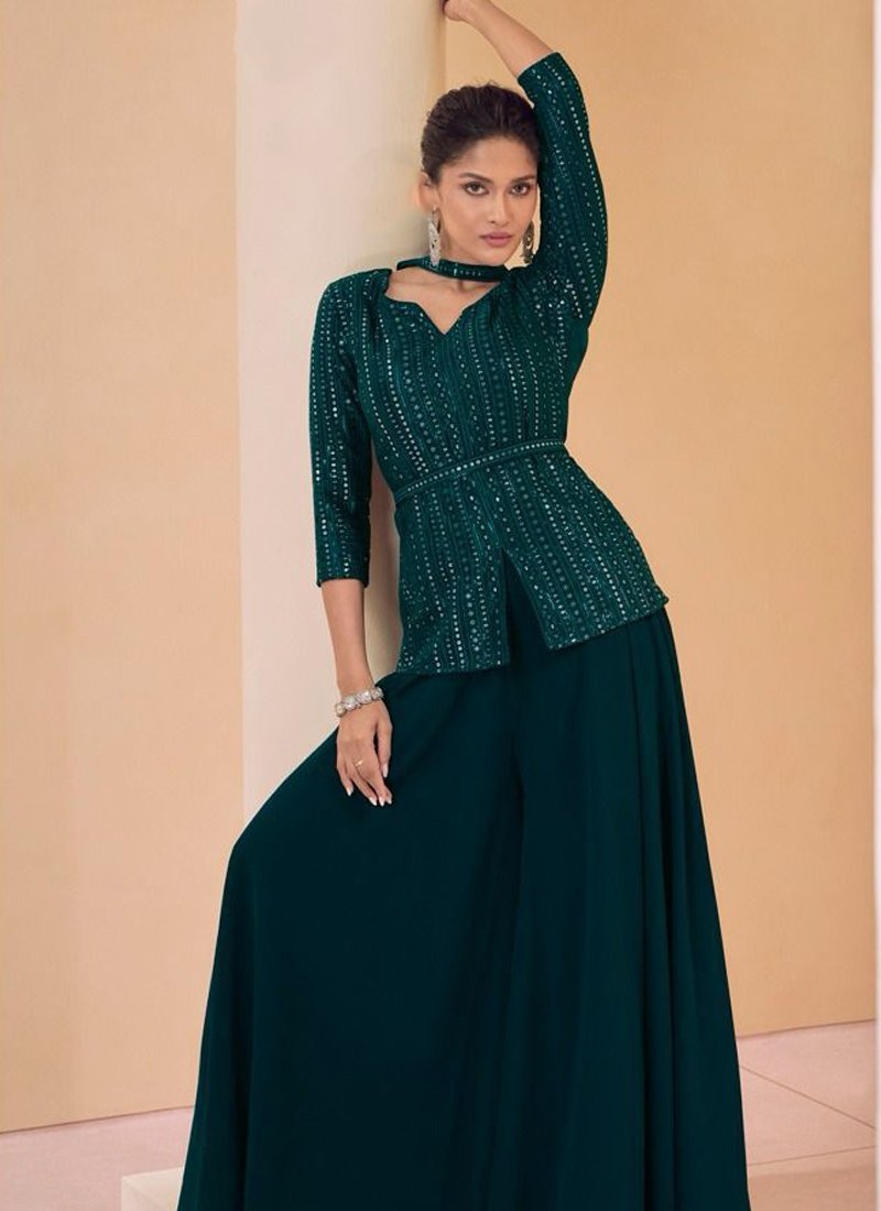 Embroidered georgette stunning crop top set in Dark Green