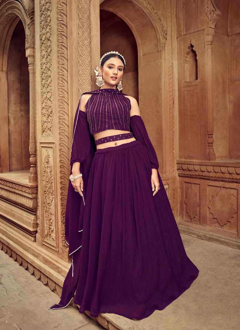 Designer georgette lehanga with cold shoulder design in Purple