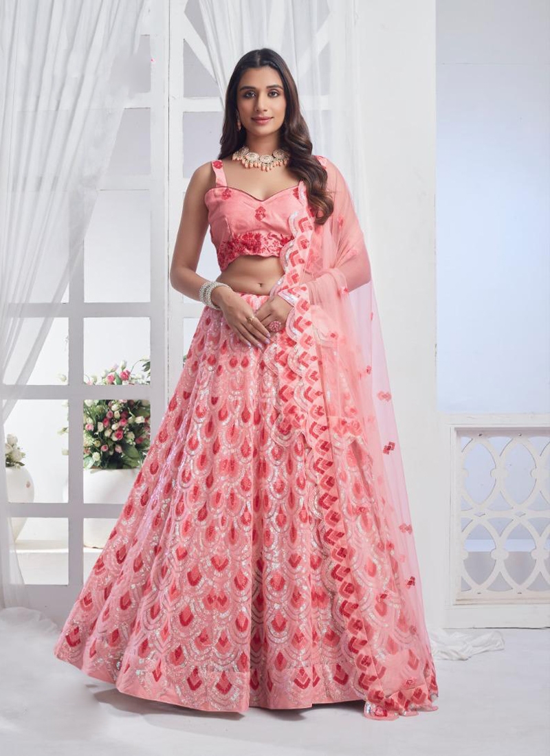 Designer soft netted lehenga with hand embroidery in Pink