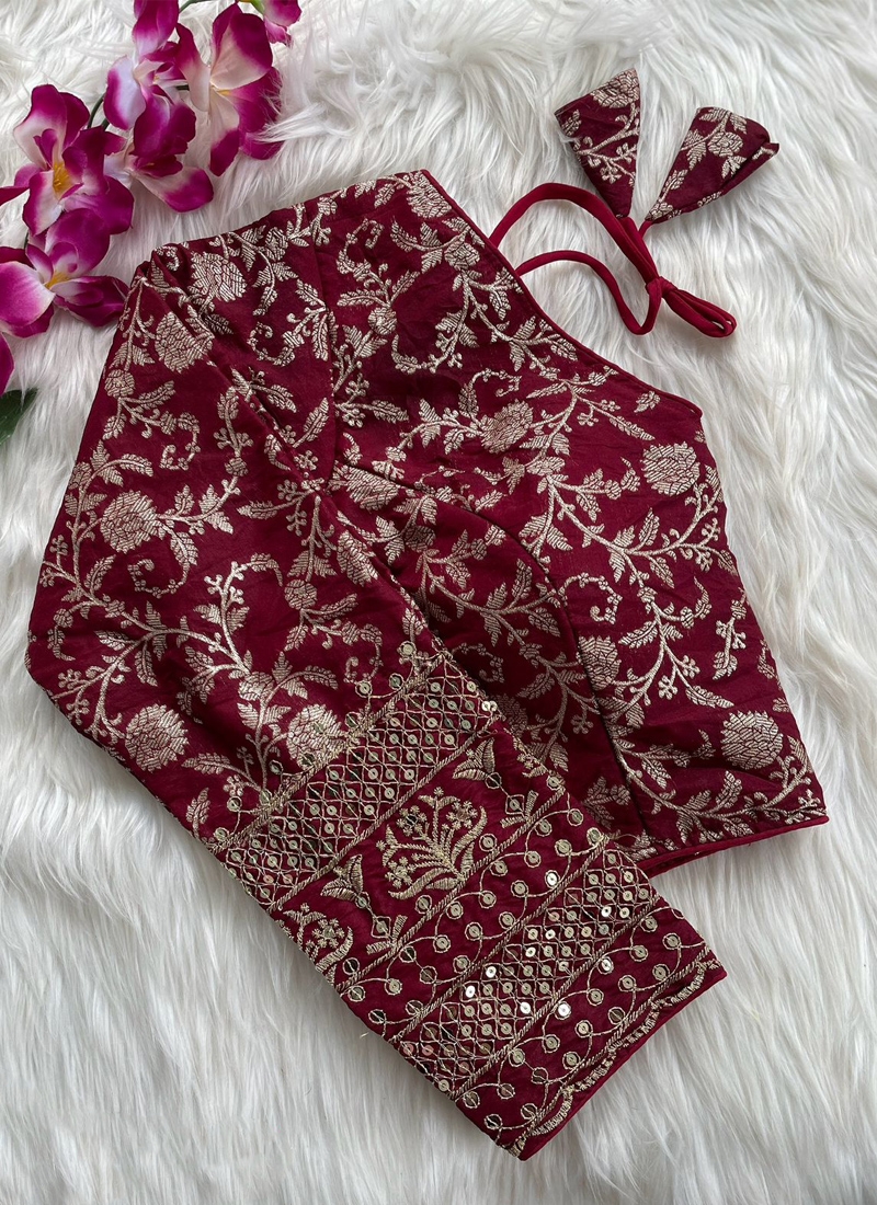 Trendy dola silk blouse with zari work in Maroon