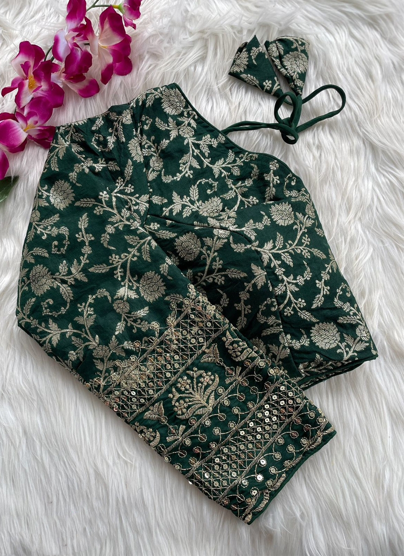 Trendy dola silk blouse with zari work in Green