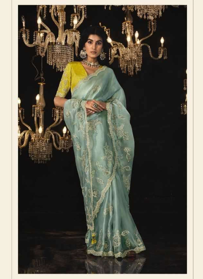 Pure silk saree with sequin, stone and zarkan work in Pastel Green