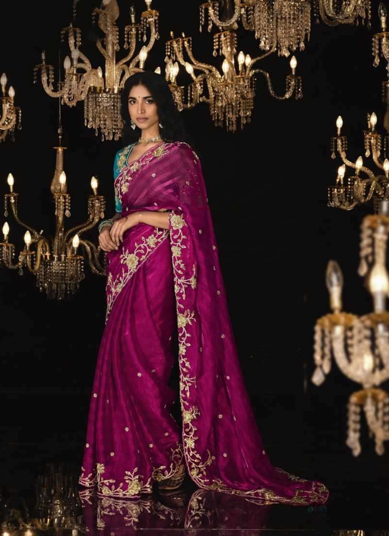 Pure silk saree with sequin, stone and zarkan work in Dark Pink