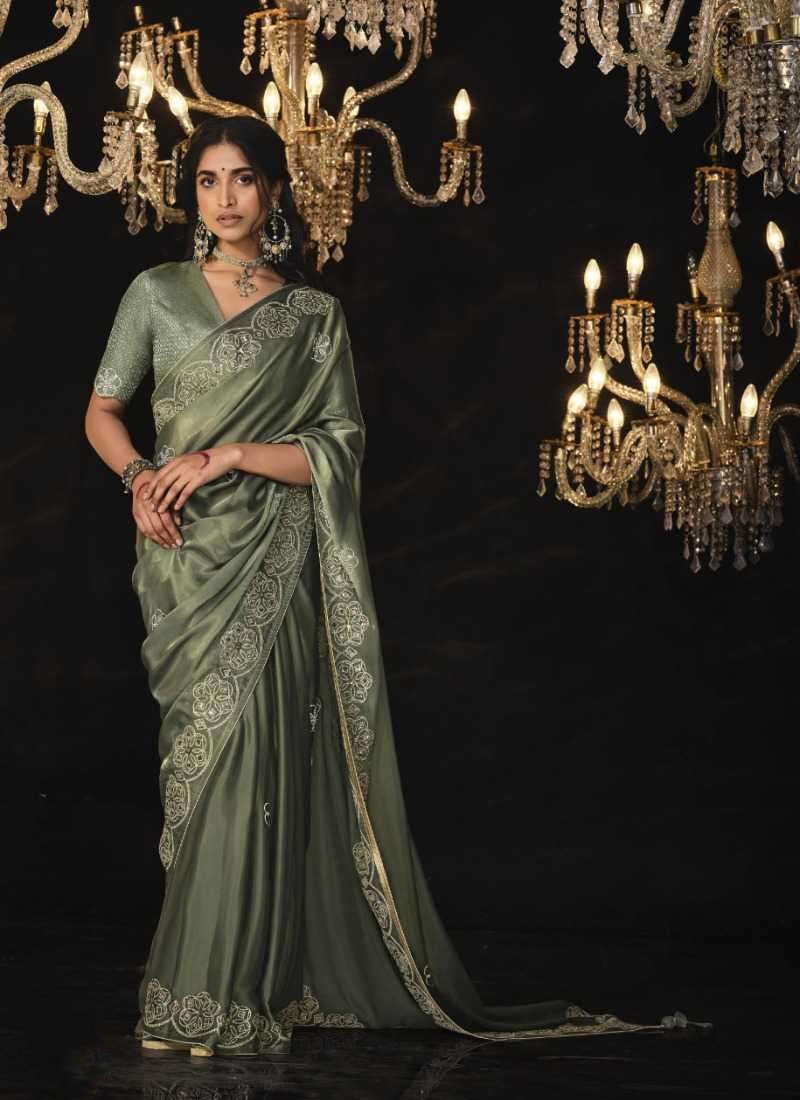 Pure silk saree with sequin, stone and zarkan work in mehndi Green