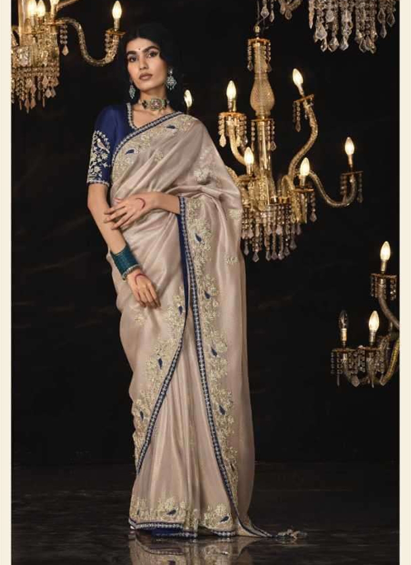 Pure silk saree with sequin, stone and zarkan work in Nude Pink