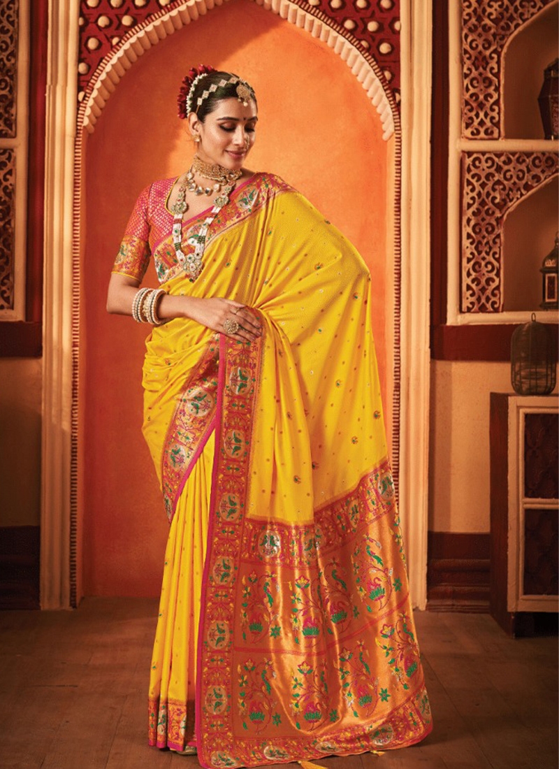 Banarasi silk saree with copper zari in Yellow