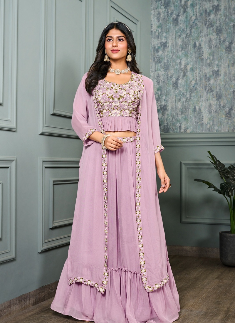 Designer heavy embroiderd lehenga with long robe and latkan in lavender
