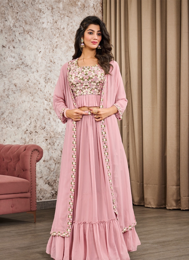Designer heavy embroiderd lehenga with long robe and latkan in baby pink