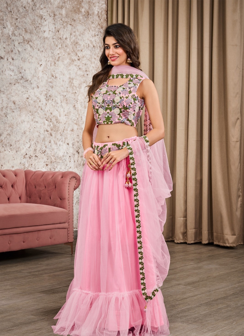 Geogette lehanga with digital floral printed embroidery in Baby Pink