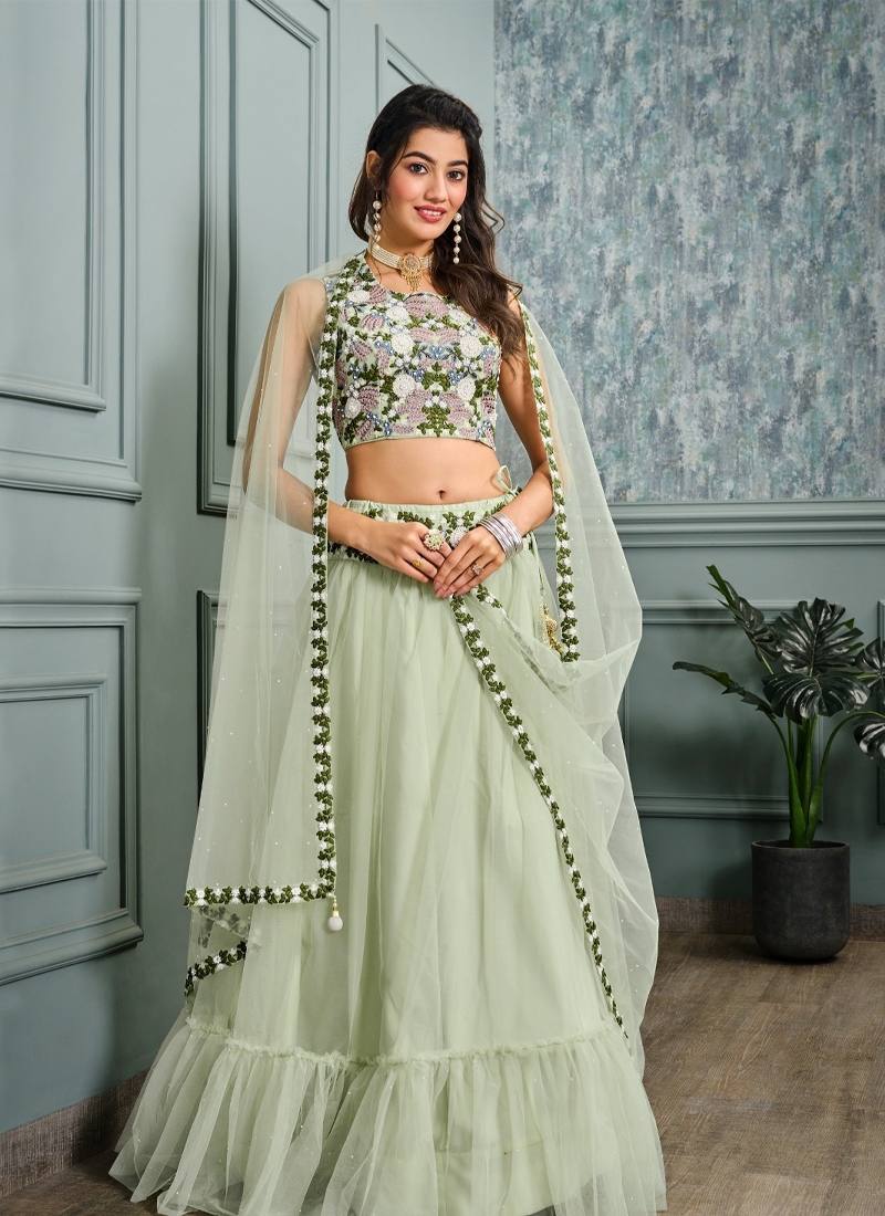 Geogette lehanga with digital floral printed embroidery in pastel green