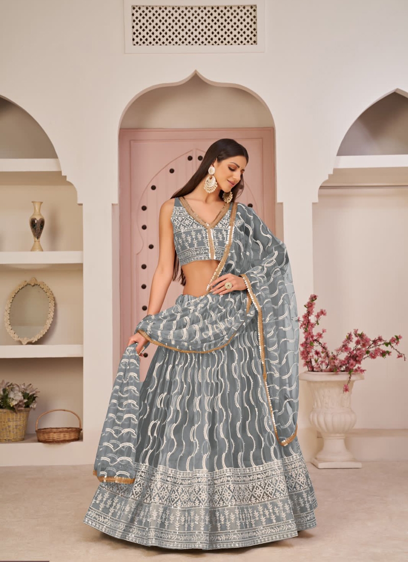 Designer butterfly net lehenga with floral embroidery in Grey