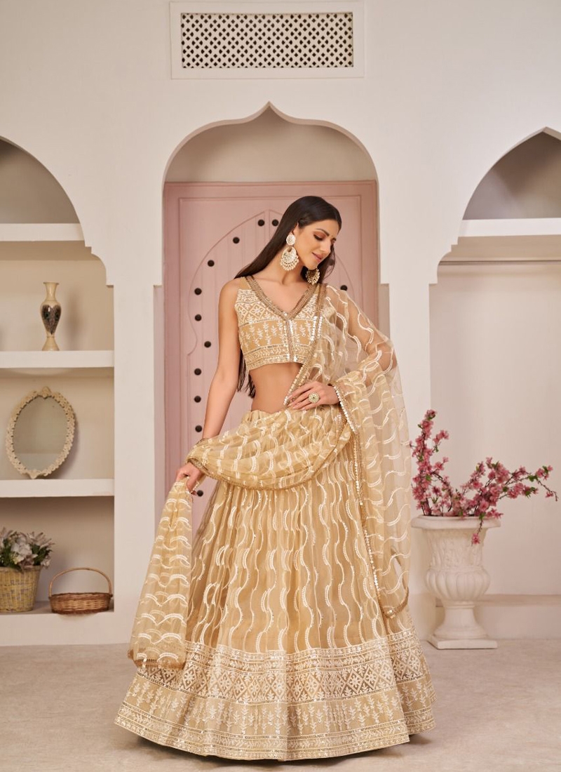 Designer butterfly net lehenga with floral embroidery in Beige