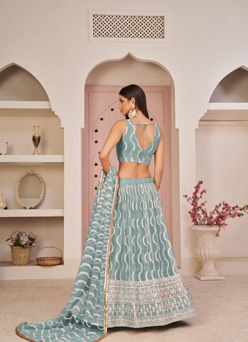 Designer butterfly net lehenga with floral embroidery in Ocean Blue