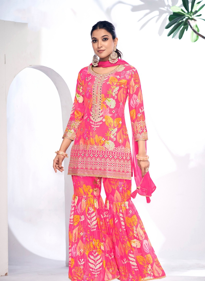 Designer sharara set with digital printing in Pink