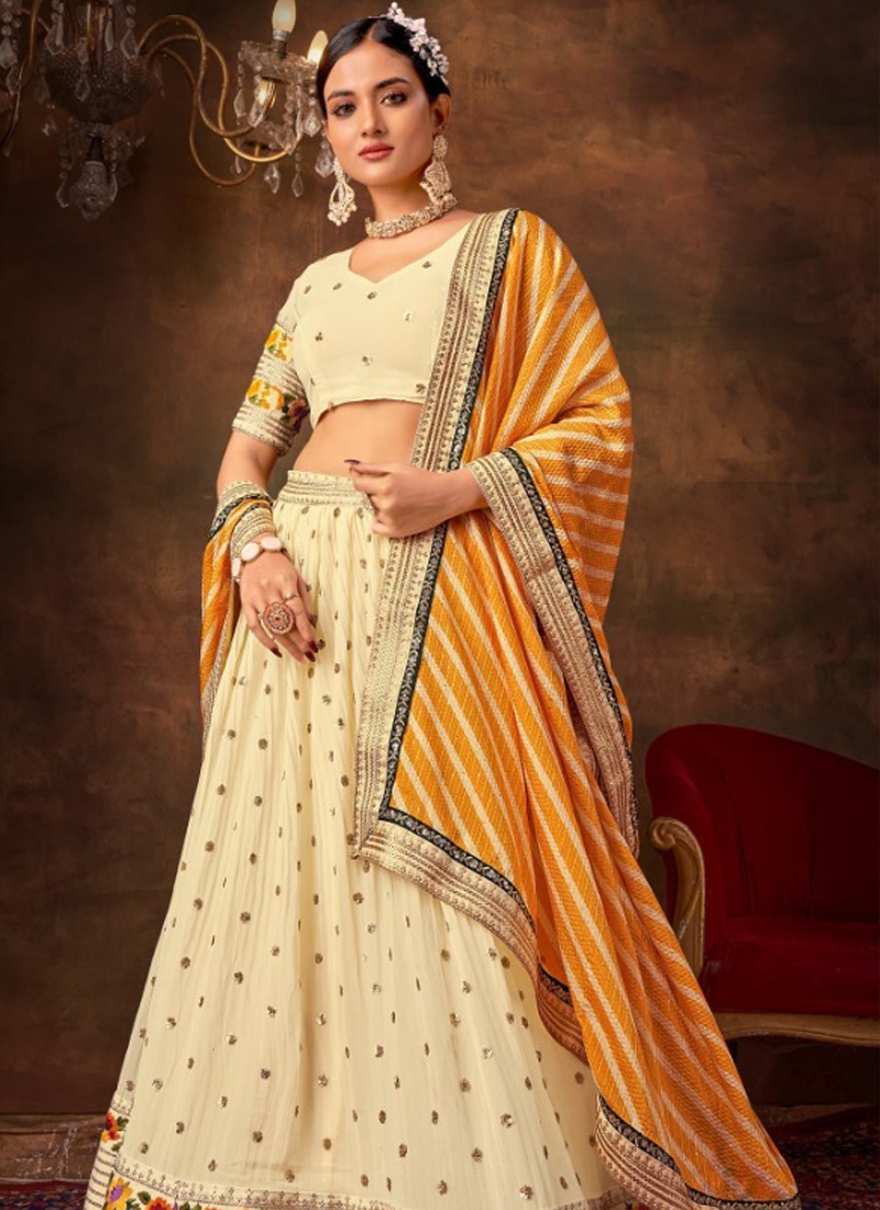 Embroiderd georgette lehenga choli with multi thread work in Off white