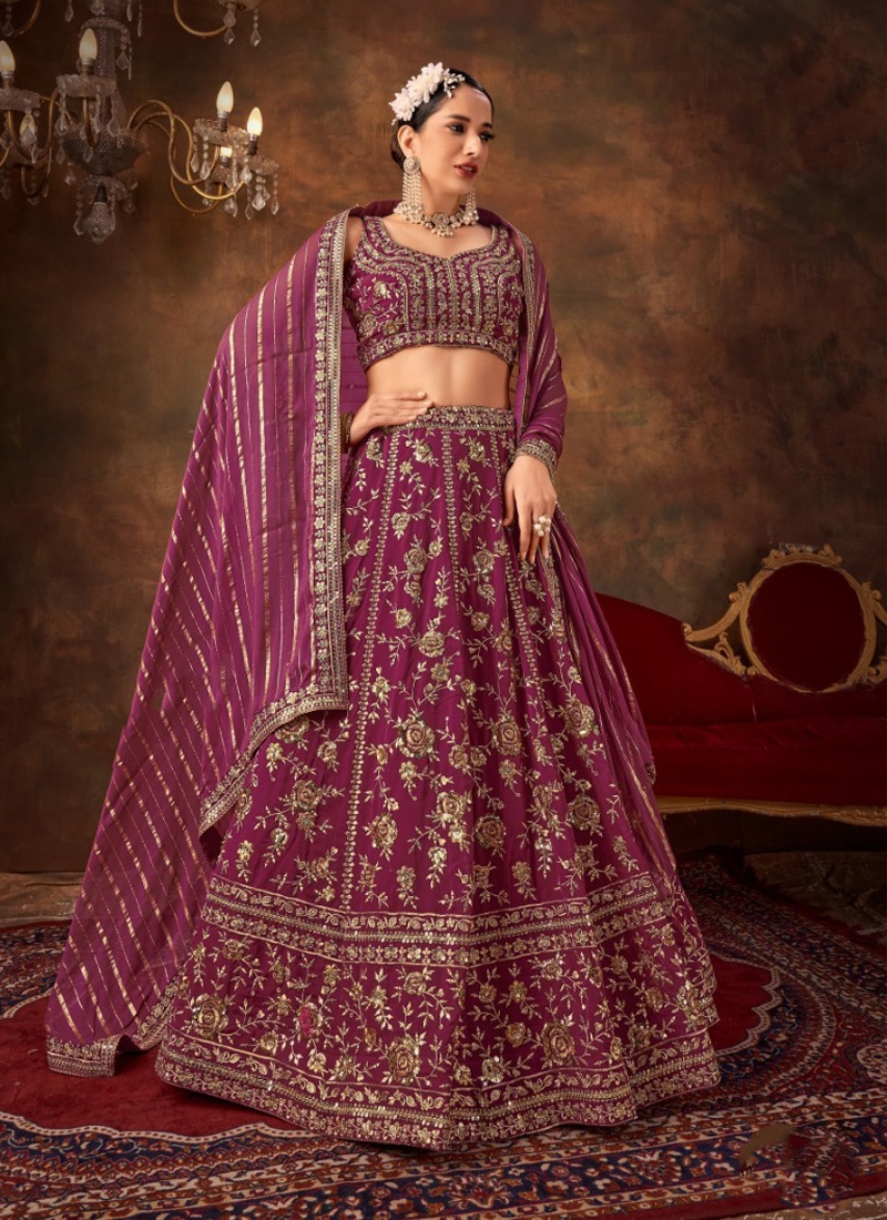 Embroiderd georgette lehenga choli with heavy thread work in dark purple