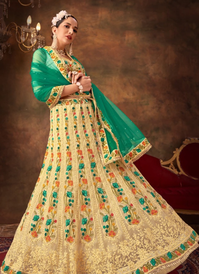 Floral printed lehenga with soft net dupatta in green