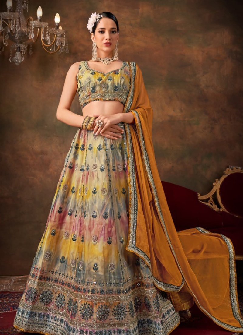 Designer georgette lehenga with pearl work in yellow