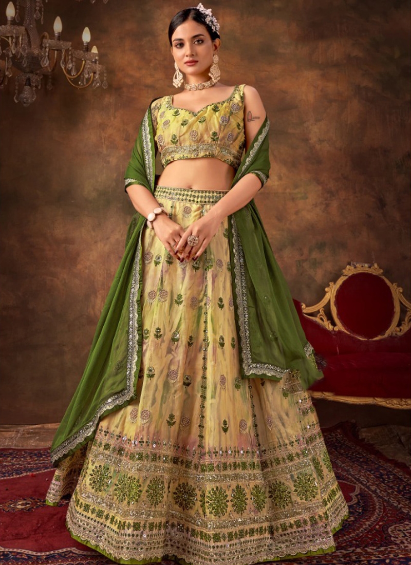 Designer georgette lehenga with mirror and dori work in olive green