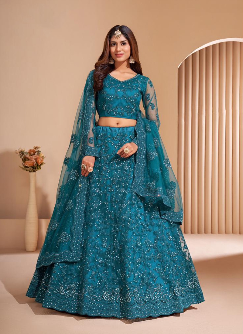 Sequins embroiderd acrylic net lehenga choli in Blue