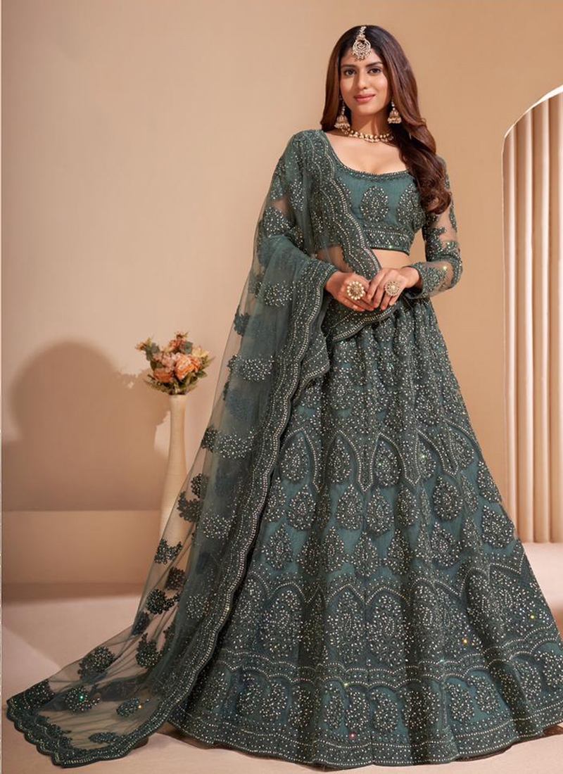 Sequins embroiderd acrylic net lehenga choli in slate grey