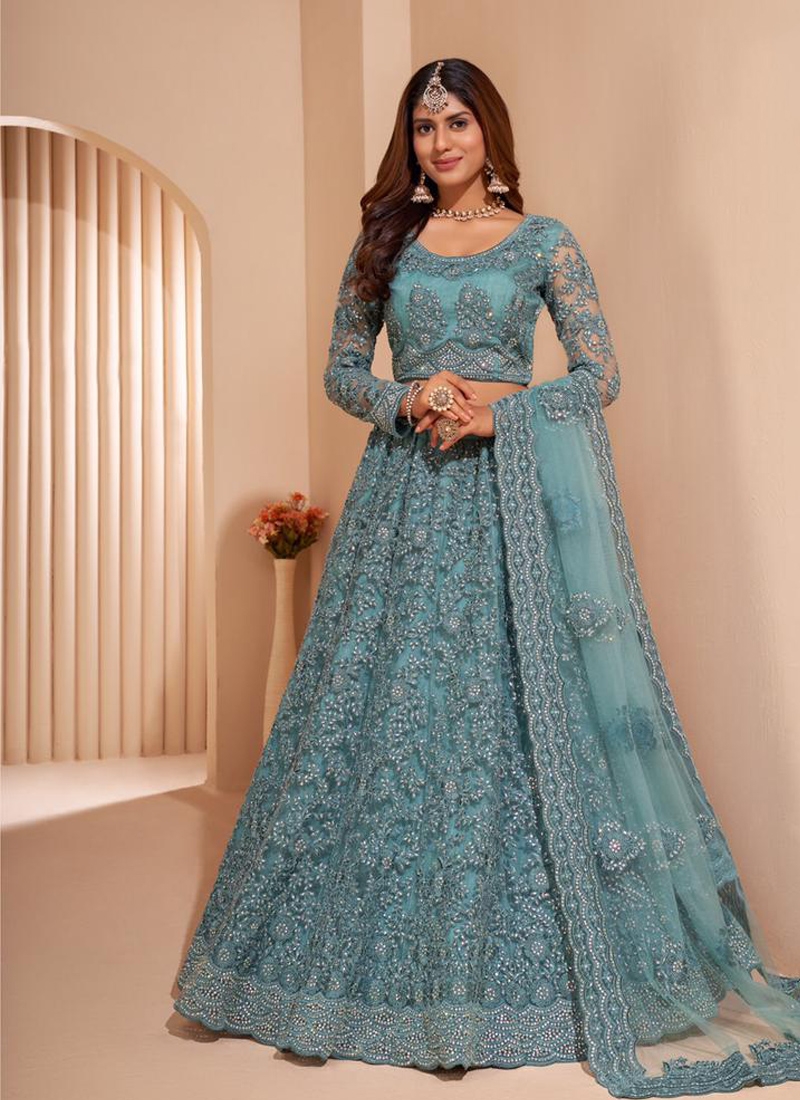 Sequins embroiderd acrylic net lehenga choli in sky blue