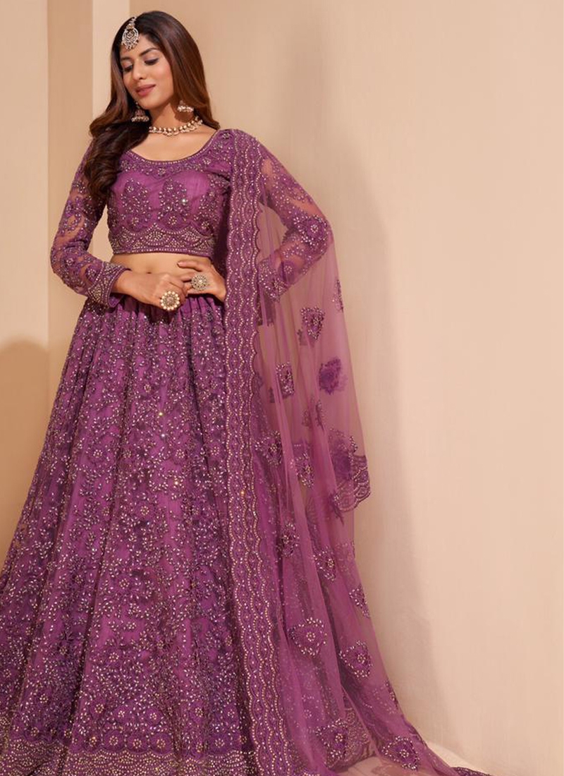 Sequins embroiderd acrylic net lehenga choli in Dark Purple