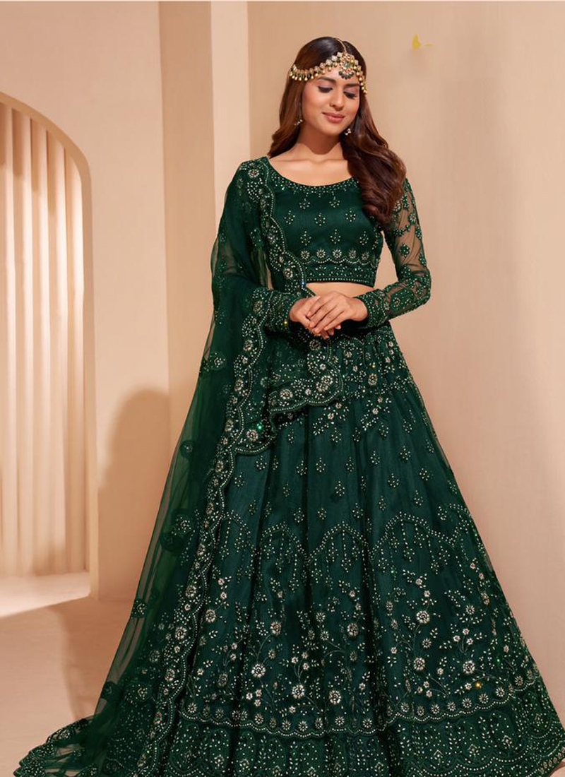 Sequins embroiderd acrylic net lehenga choli in Dark Green