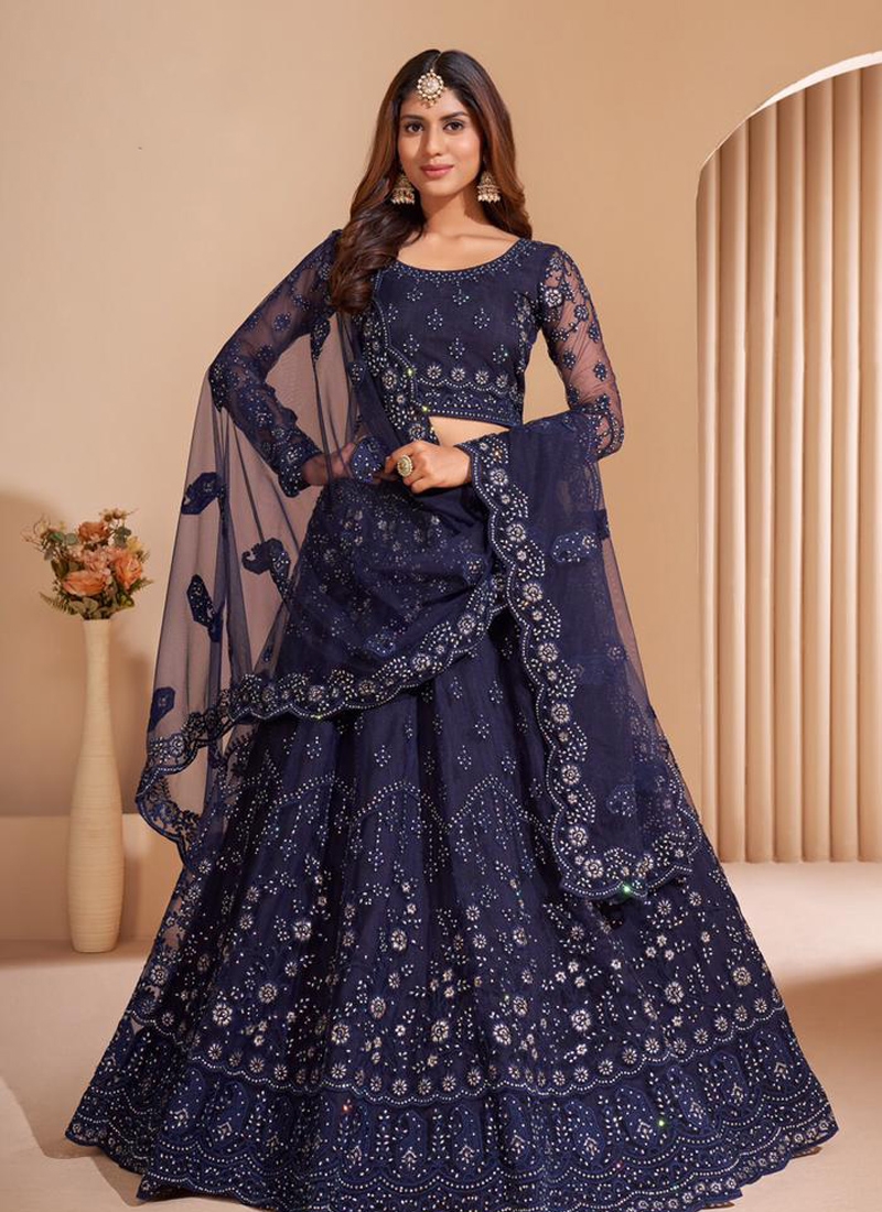 Sequins embroiderd acrylic net lehenga choli in royal blue