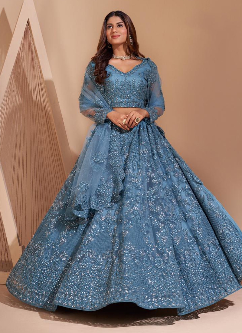 Sequins embroiderd acrylic net lehenga choli in light Blue