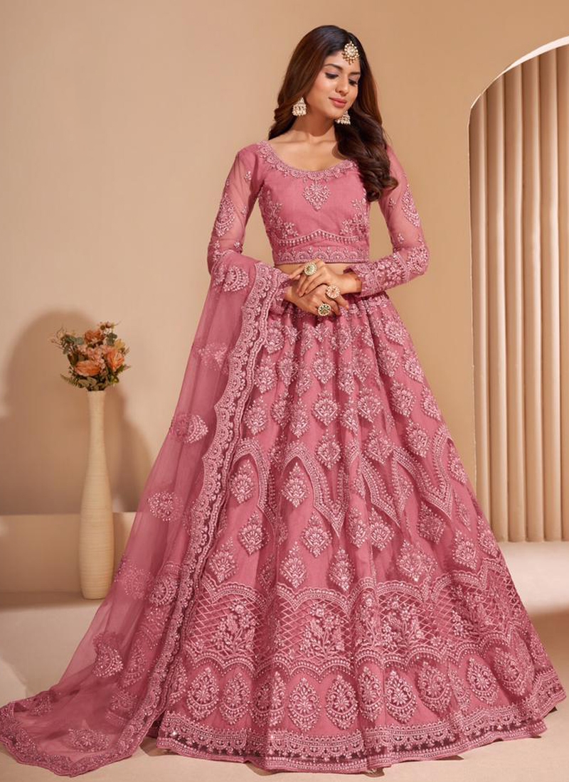 Sequins embroiderd acrylic net lehenga choli in light pink