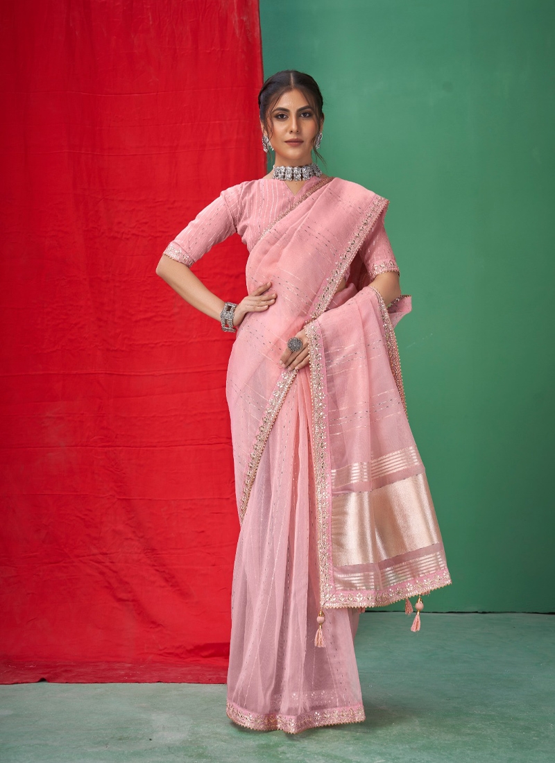 Traditional gotta patti saree with beautiful embroidery in pink