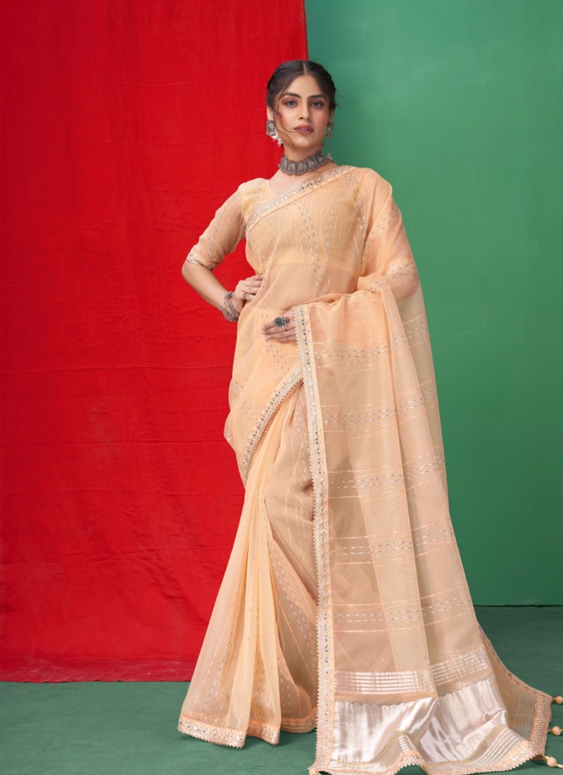 Traditional gotta patti saree with beautiful embroidery in orange