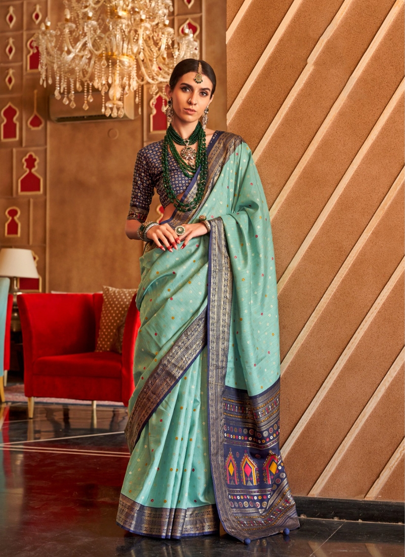 Traditional and designer silk saree in sky blue