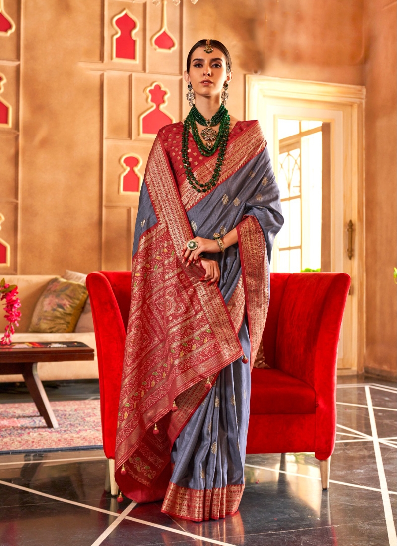 Traditional and designer silk saree in Dark grey