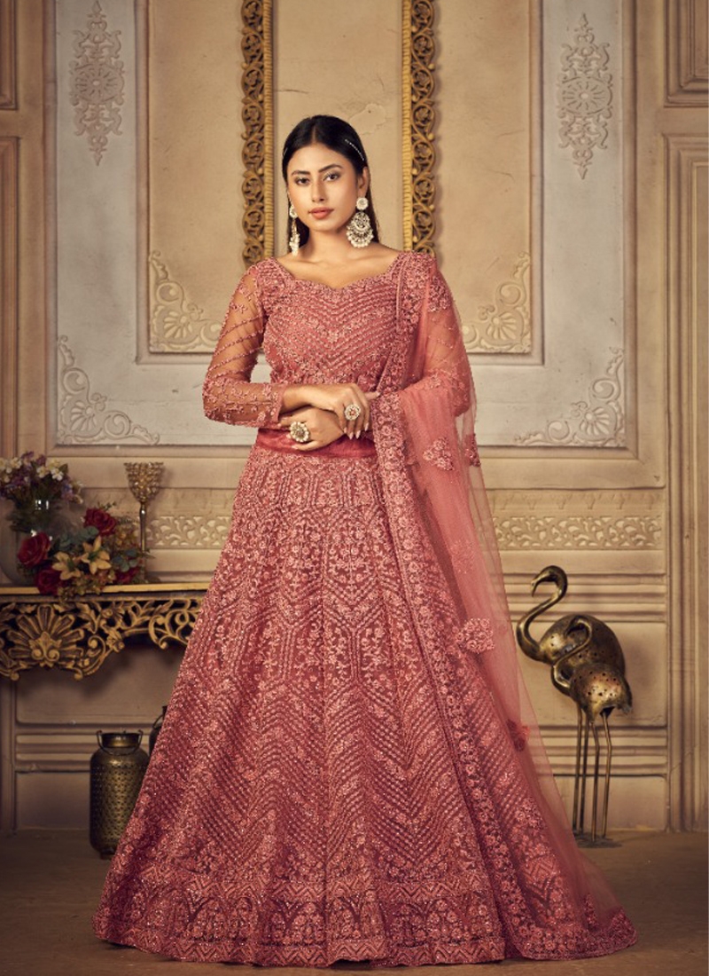 Thread embroidery cording with stone work lehenga choli in nude pink