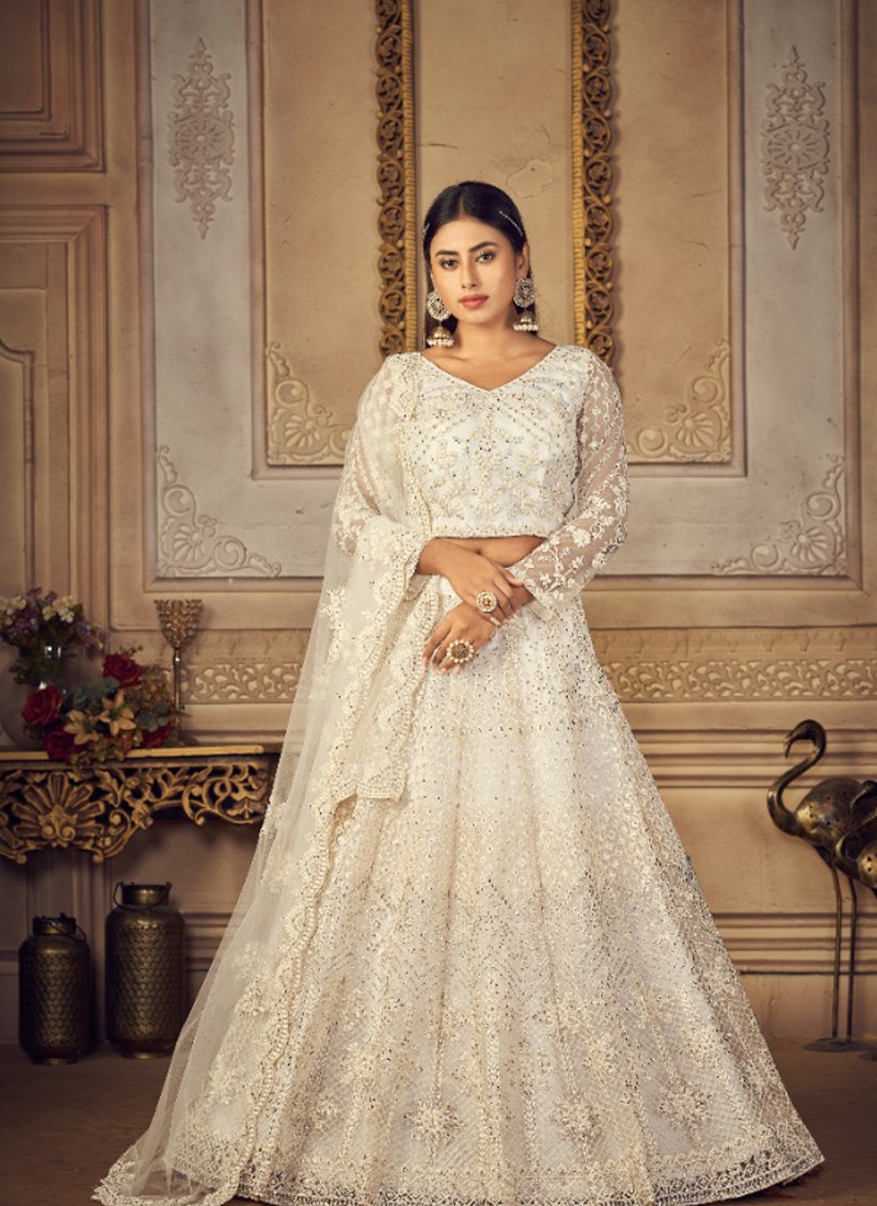 Thread embroidery cording with stone work lehenga choli in white